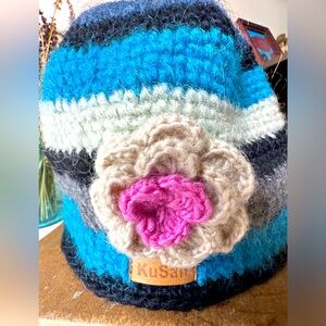 Ku San Colorful Hand-Knit Striped Beanie with Crochet Rosette One Size